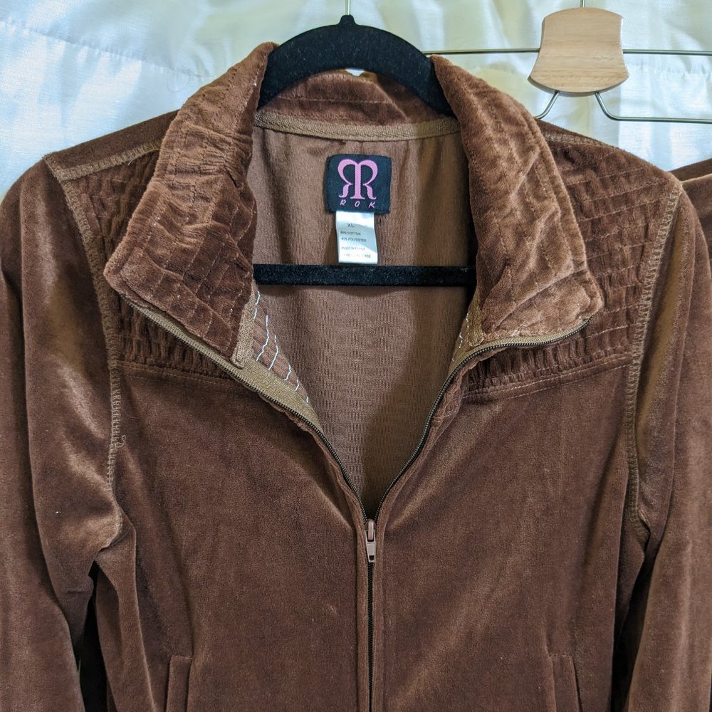 ROK Brown Velour Track Suit Set - Jacket & Pants - Vintage Loungewear - Sz XL